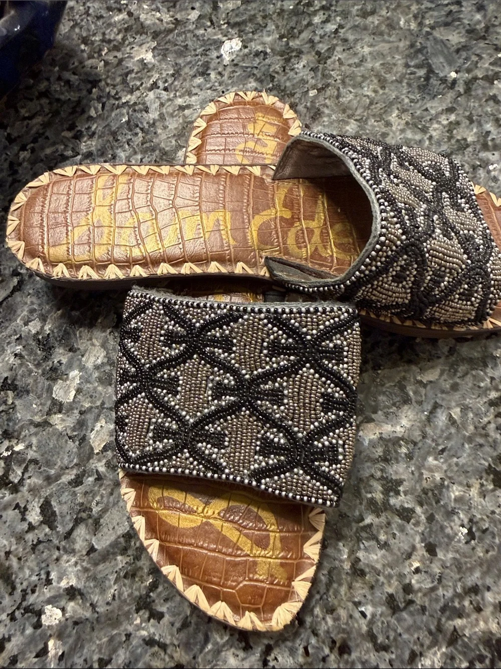 Sam Edelman Black Beaded Slide Sandals with Brown Croc-Print Footbed